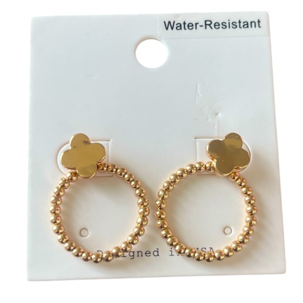 NWT! 14K Gold Layered Dangle Hoop Earrings with Flower Detail Water Resistant